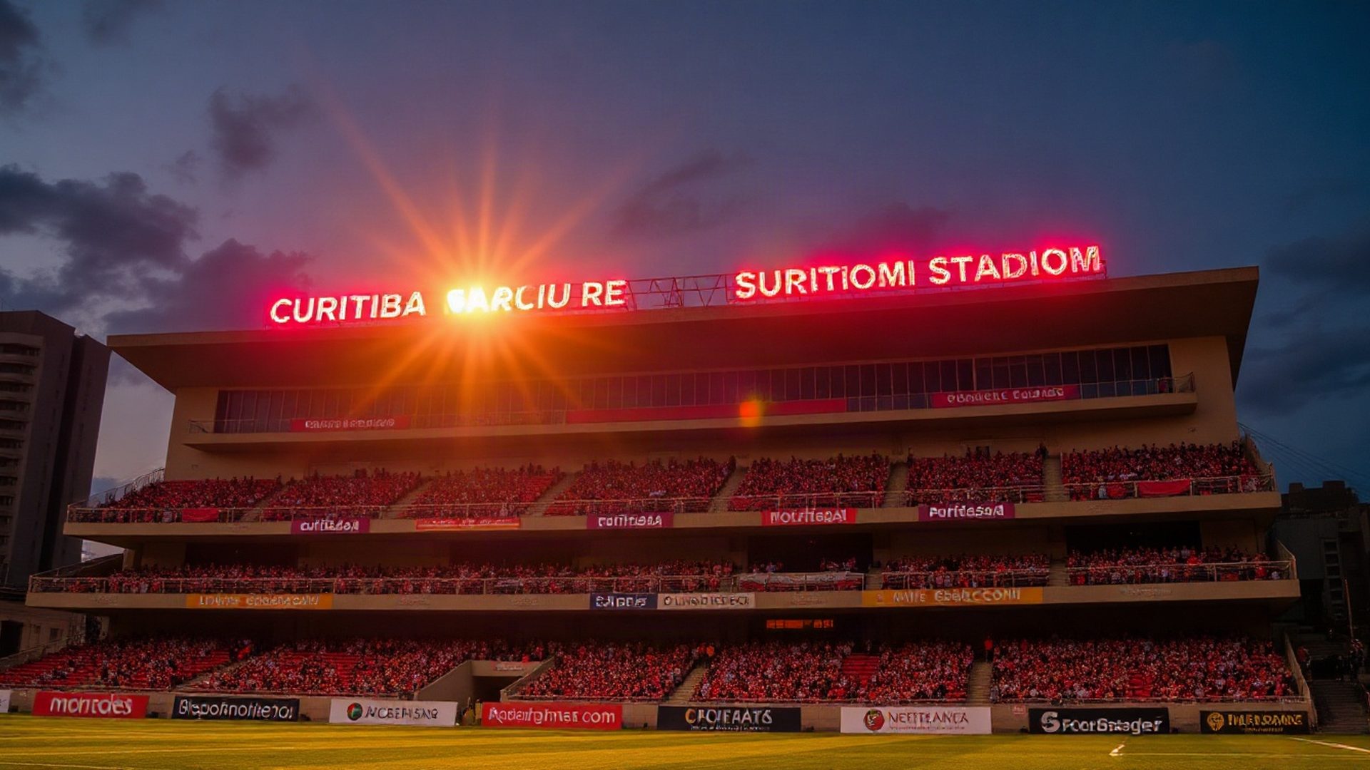 Arquibancadas do estádio de Curitiba iluminadas ao entardecer