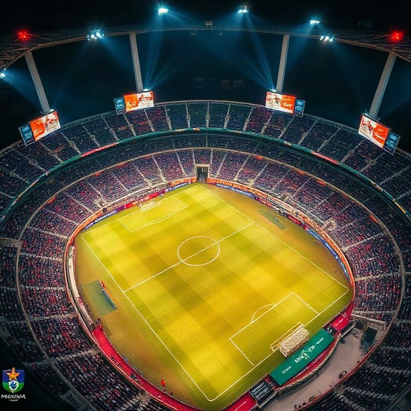 Vista aérea de um clássico paranaense em estádio lotado sob refletores